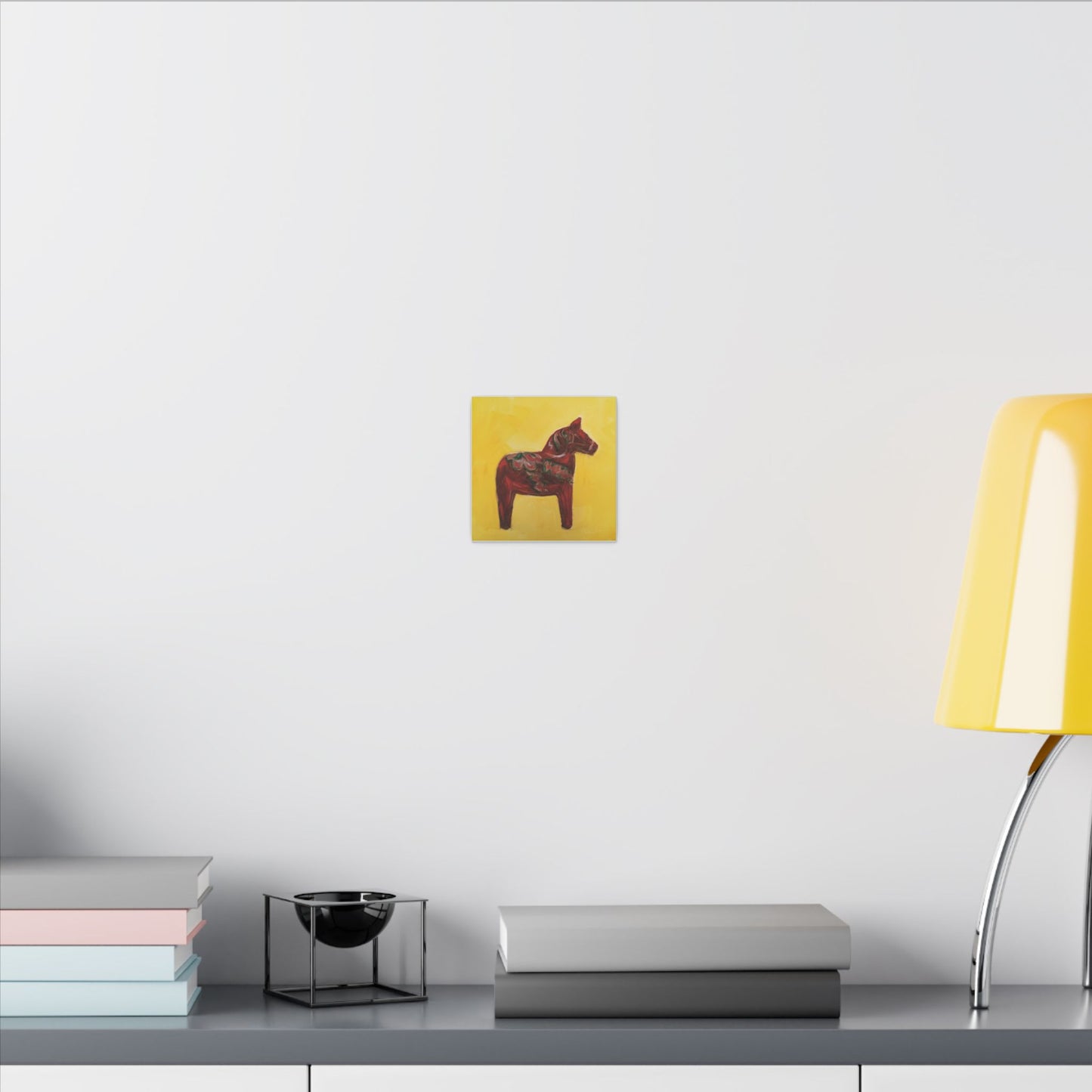 Red Dala Horse Canvas Print Wall Art – Scandinavian Folk Painting on Yellow Background