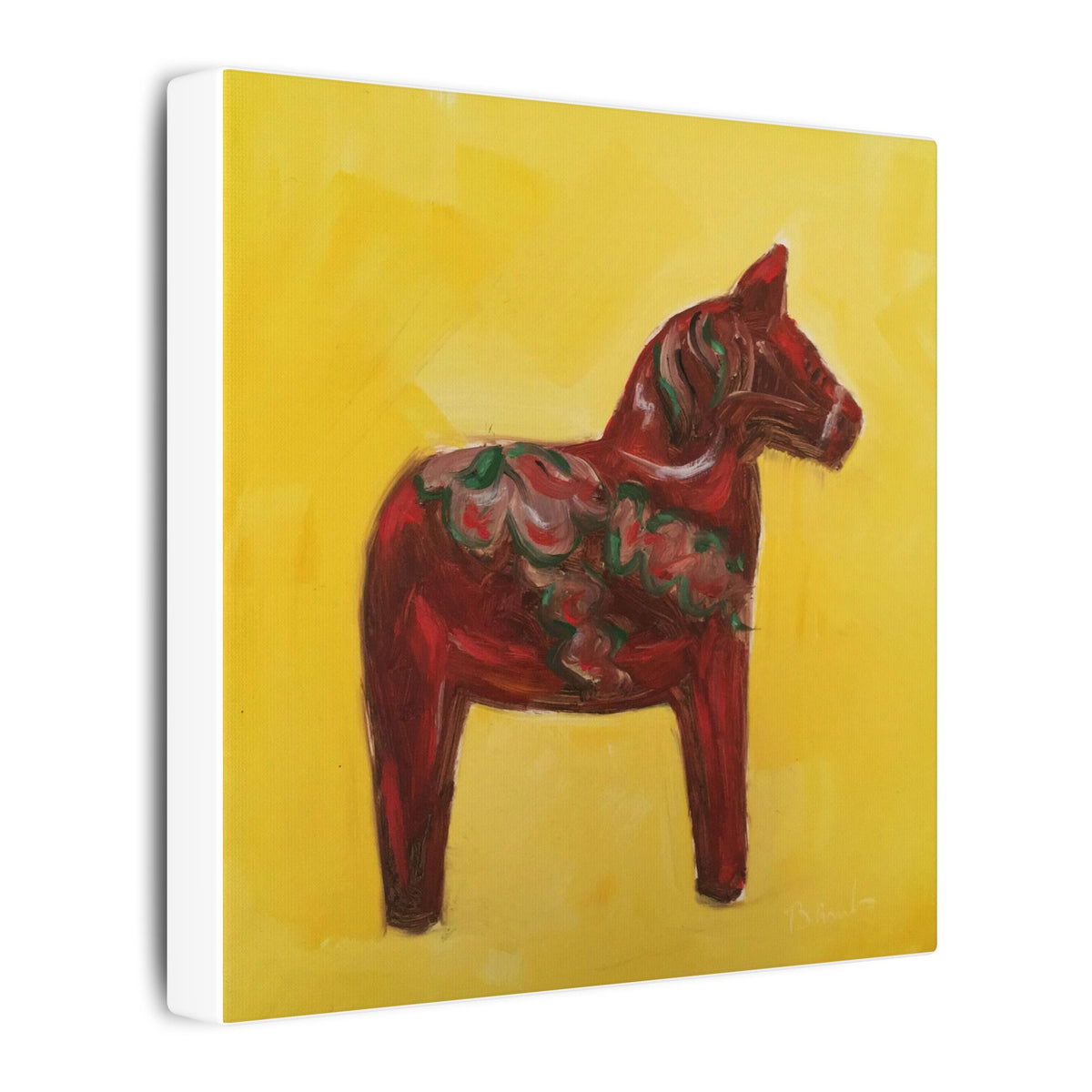 Red Dala Horse Canvas Print Wall Art – Scandinavian Folk Painting on Yellow Background