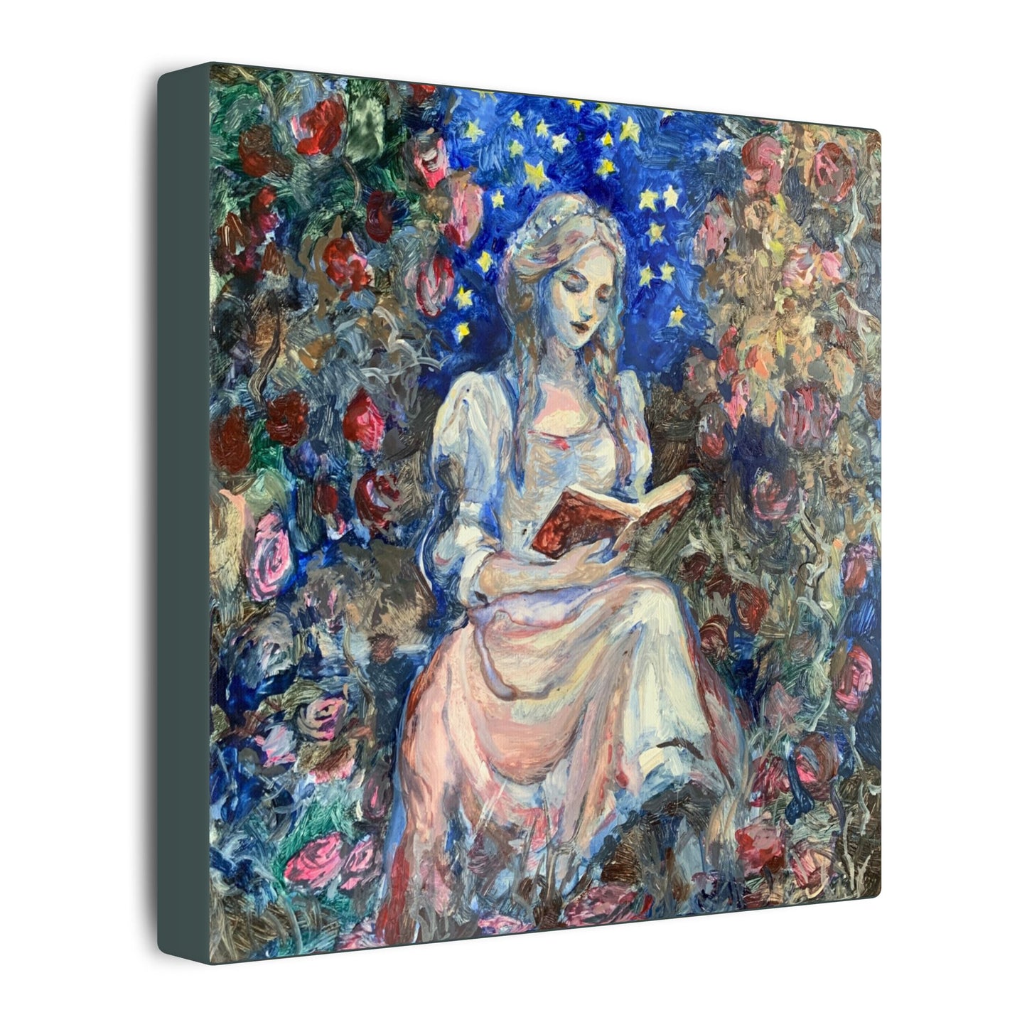 Canvas Wall Art — Dreamy Maiden Reading Among Roses (Matte Stretched)