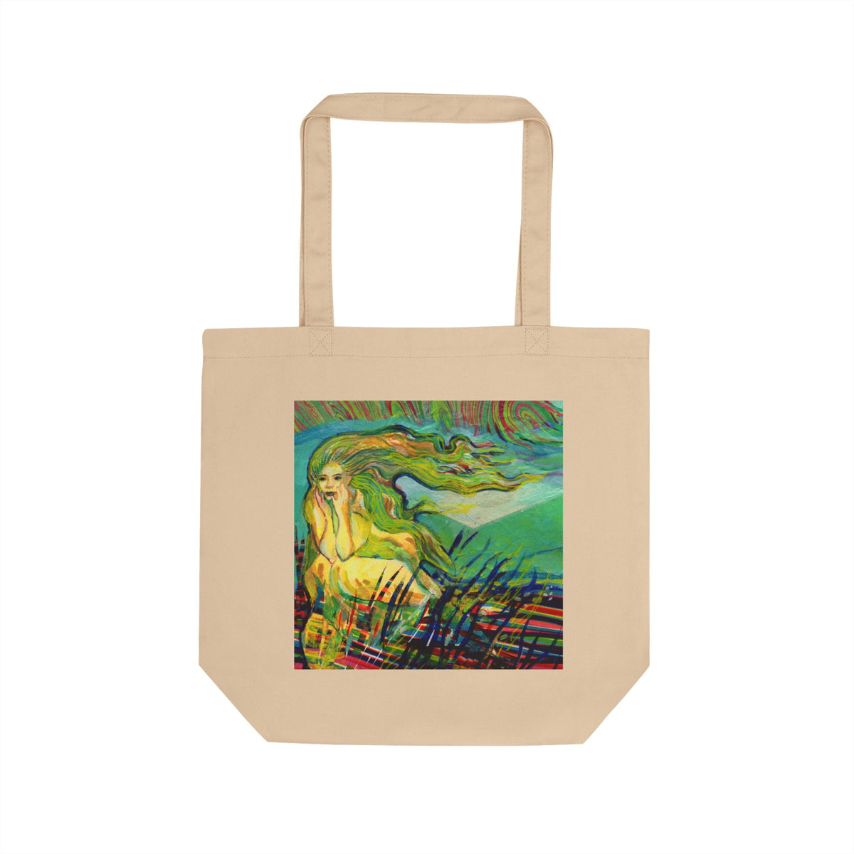 Artistic North Wind Goddess Eco Tote Bag – Colorful Wind and Grassy Waves Canvas Grocery Tote