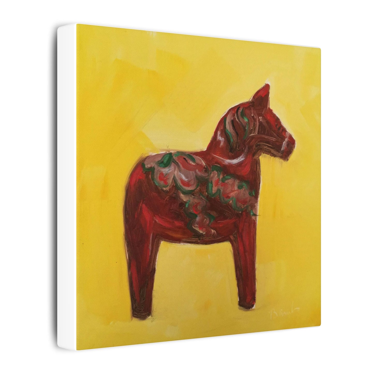 Red Dala Horse Canvas Print Wall Art – Scandinavian Folk Painting on Yellow Background