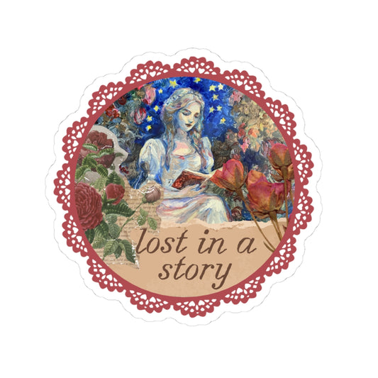 'Lost in a Story' Decorative Kiss-Cut Sticker — Vintage Bookish Floral Design