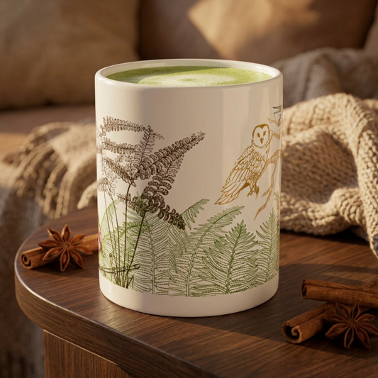 Woodland Ferns, Squirrel & Owl Ceramic Mug — Botanical Nature Coffee Cup (11oz, 15oz)