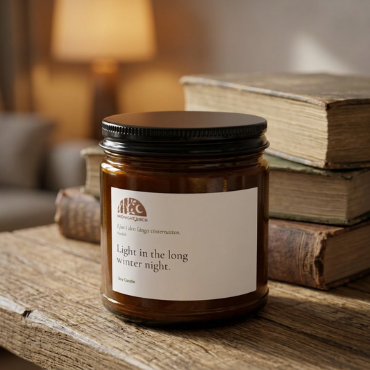 VINTERRO Soy Candle — “Light in the Long Winter Night” Amber Jar (4oz & 9oz) Vanilla Bean, Comfort Spice or Unscented.