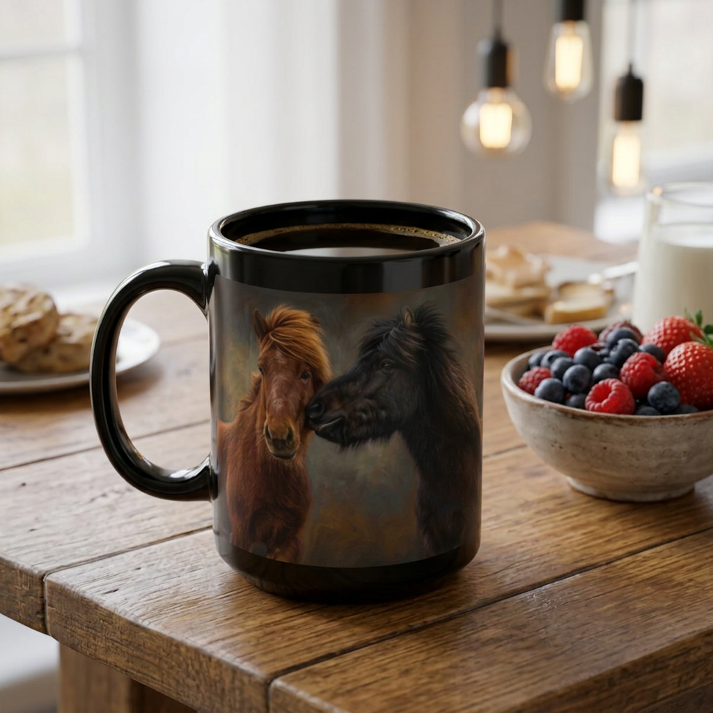 Two Icelandic Horses Coffee Cup — 15oz Black Mug