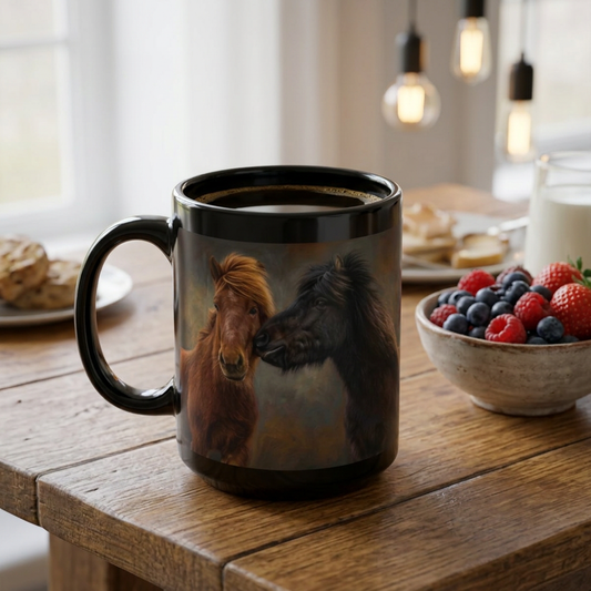 Two Icelandic Horses Coffee Cup — 15oz Black Mug