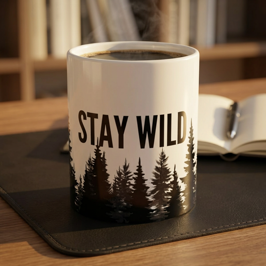 Stay Wild Alpine Ceramic Mug – Minimalist Forest Coffee Cup (11oz, 15oz)