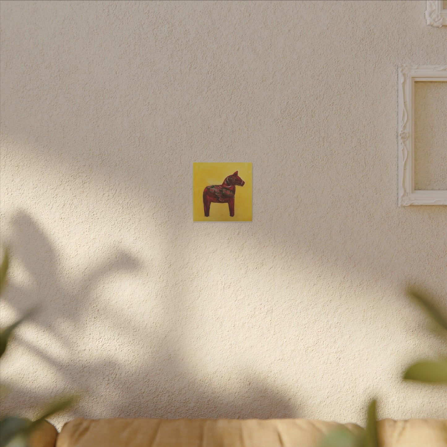 Red Dala Horse Canvas Print Wall Art – Scandinavian Folk Painting on Yellow Background