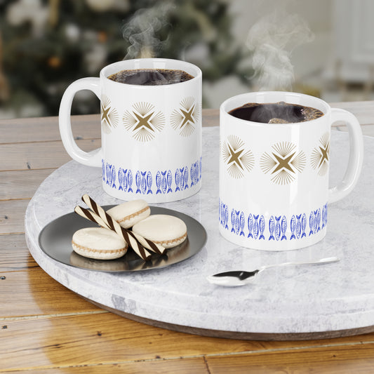 Ceramic Mug — Nautical Fish & Starburst Pattern Coffee Cup