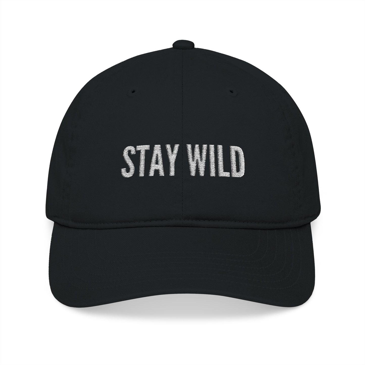 Stay Wild Embroidered Baseball Cap — Organic Cotton, Minimal Outdoor Hat
