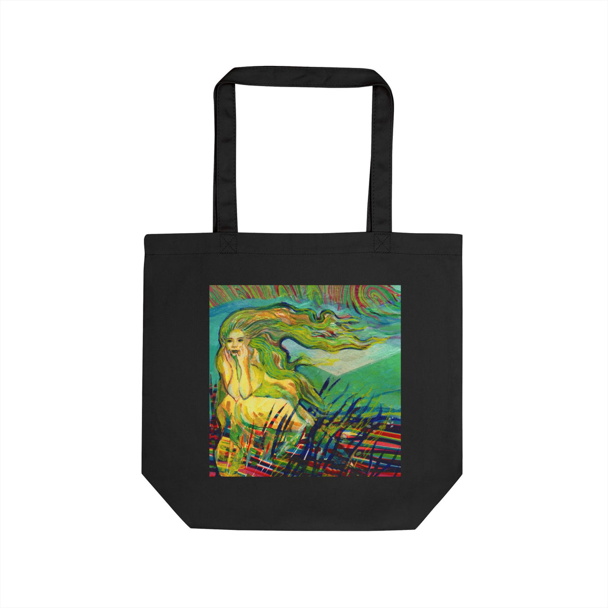 Artistic North Wind Goddess Eco Tote Bag – Colorful Wind and Grassy Waves Canvas Grocery Tote