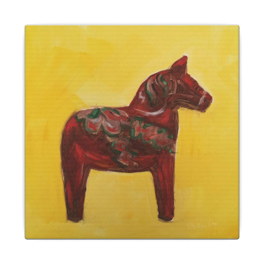 Red Dala Horse Canvas Print Wall Art – Scandinavian Folk Painting on Yellow Background