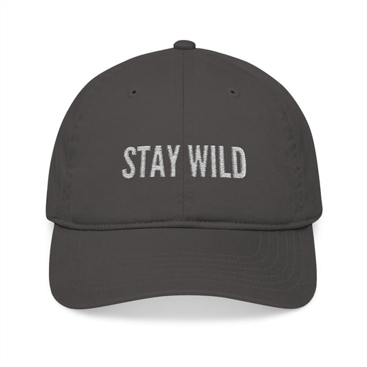 Stay Wild Embroidered Baseball Cap — Organic Cotton, Minimal Outdoor Hat