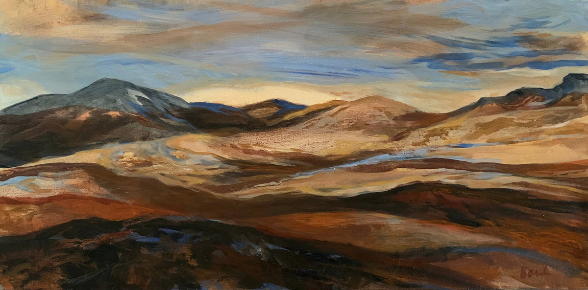 An impressionistic landscape painting of rolling hills and mountains under a cloudy sky, rendered in warm earth tones of brown, gold, and orange with blue-gray shadows. Iceland. Handmade acrylic paint.